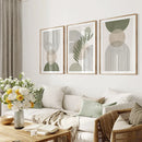 Quadros Decorativos Nórdicos Verde Sálvia | Arte Botânica e Geométrica Abstrata em Tela